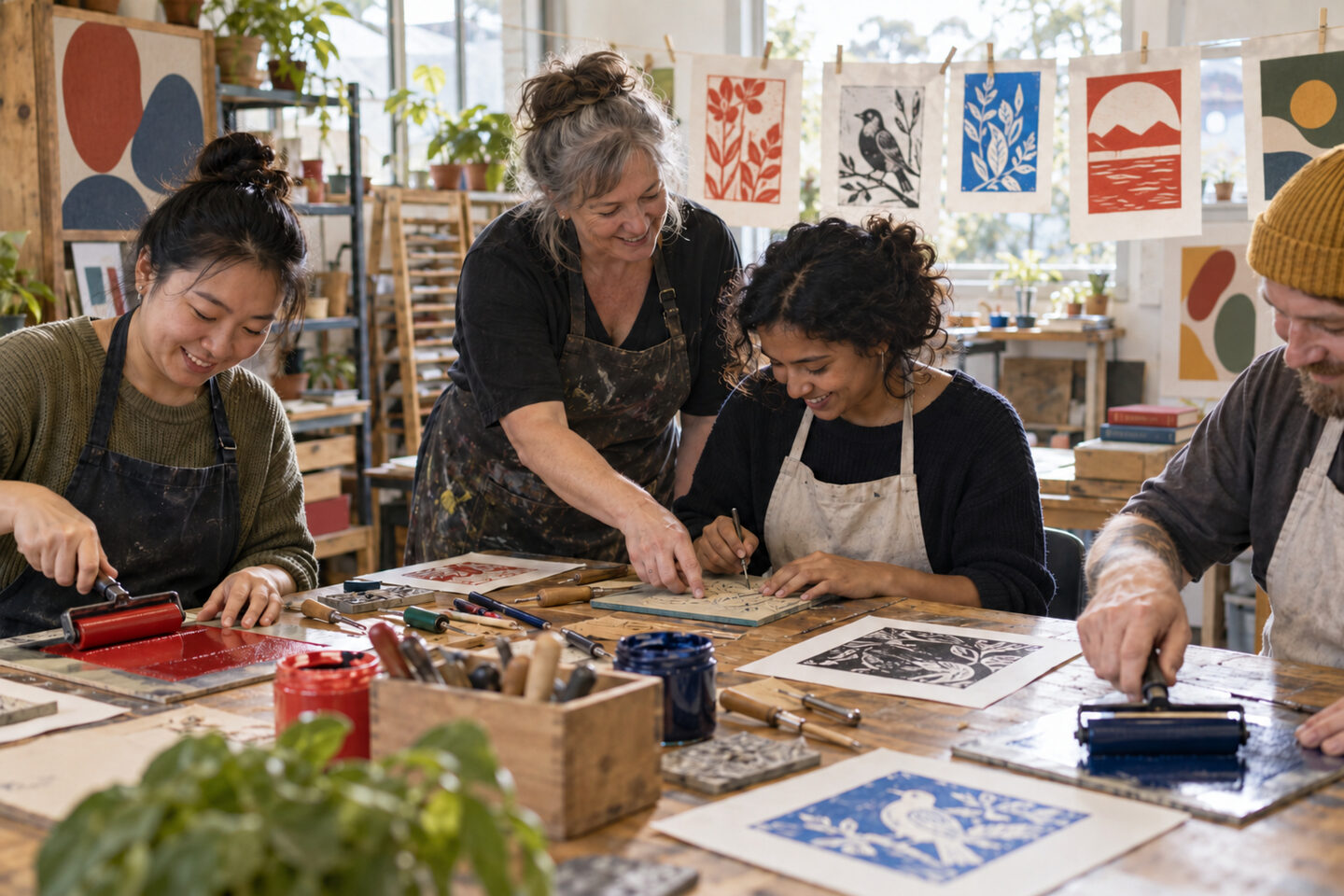 Artists working side by side in a printmaking workshop