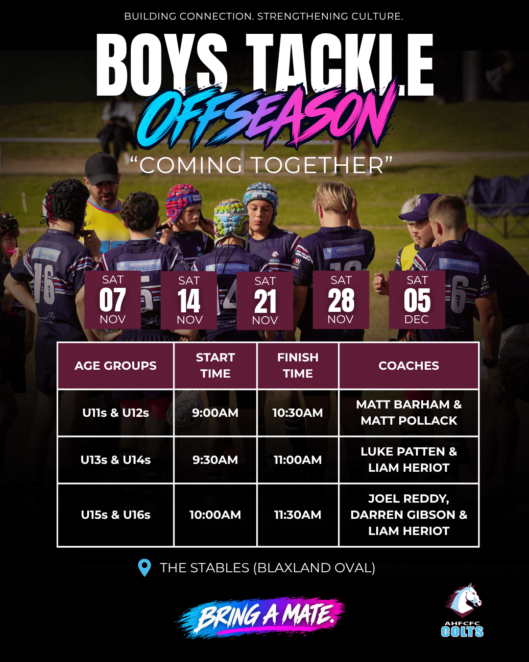 Boys tackle offseason dates, age groups, times and coaches at The Stables