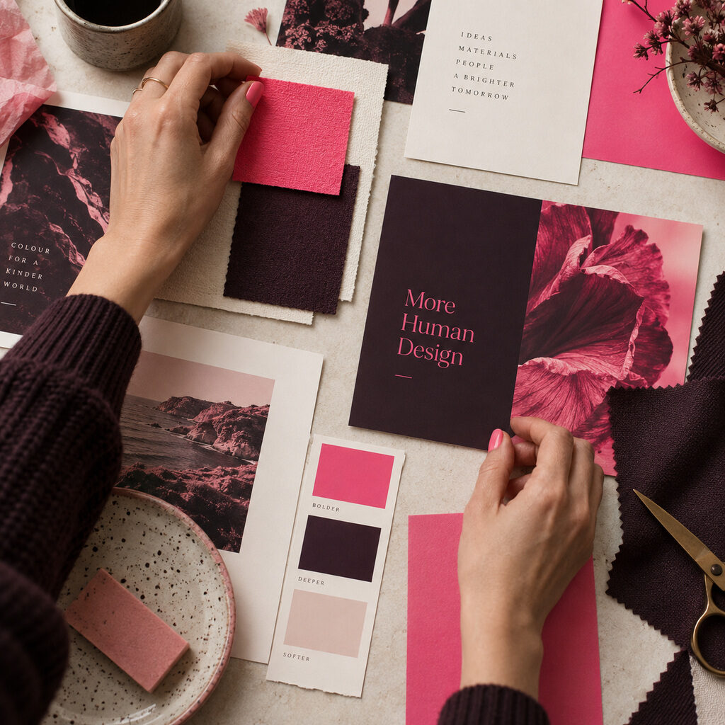 Hands composing a palette of pink, cream and aubergine printed materials