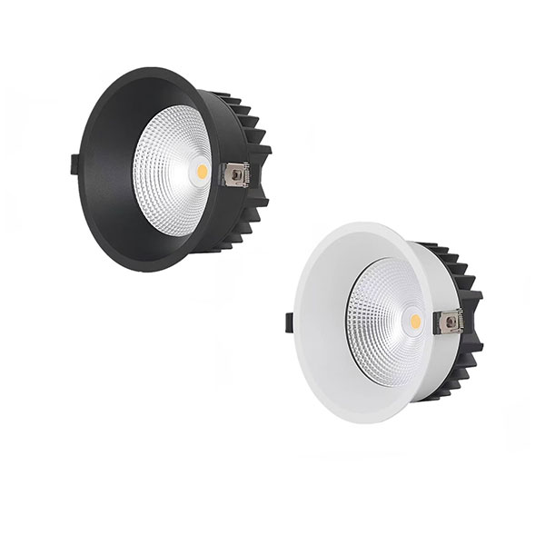 BLDL-APT-20 APT 20W waterproof downlight shown in matt white and matt black finishes, round recessed fitting with clear diffuser and deep-set COB light source.