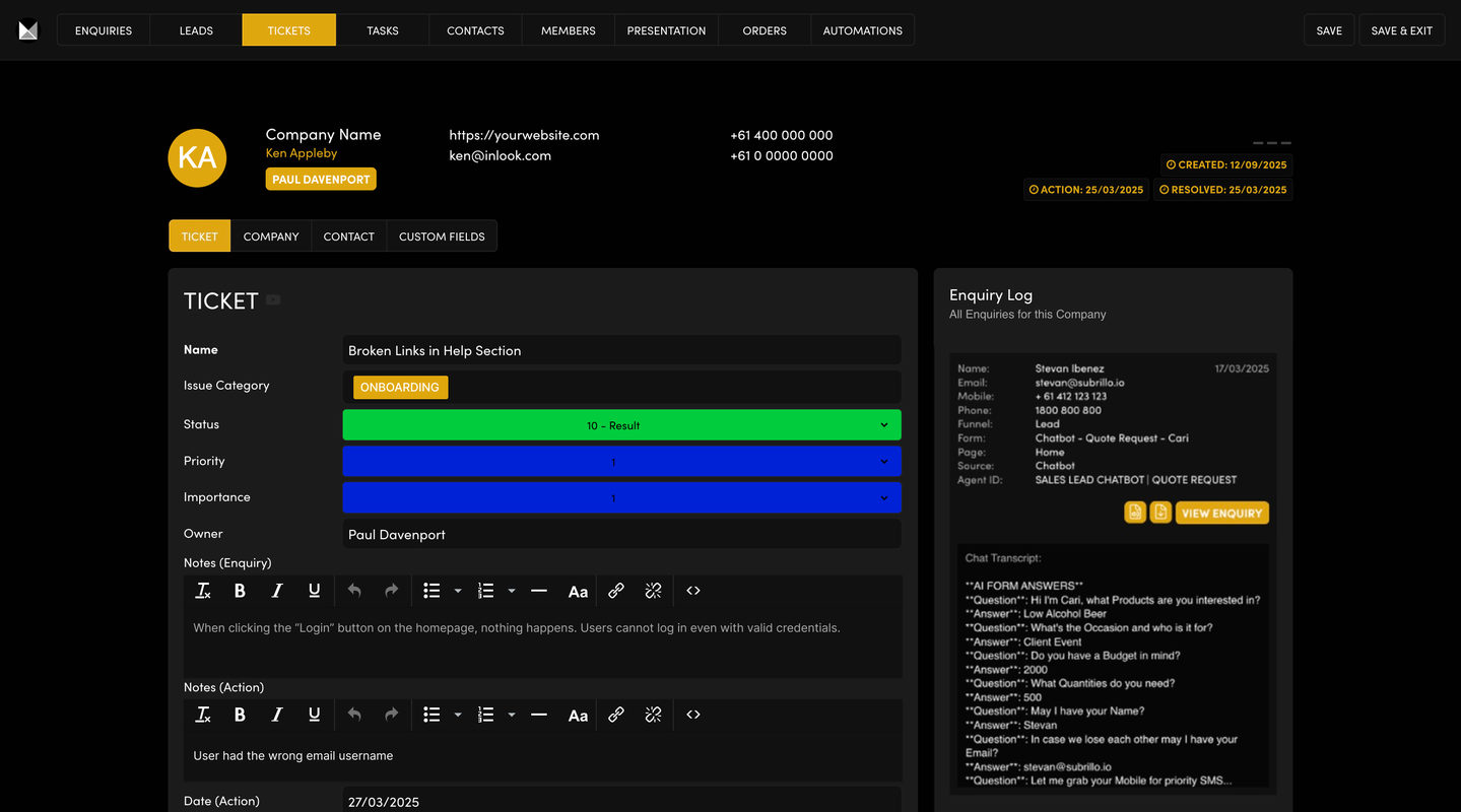 AI Support Ticket System - Manage Ticket Screen