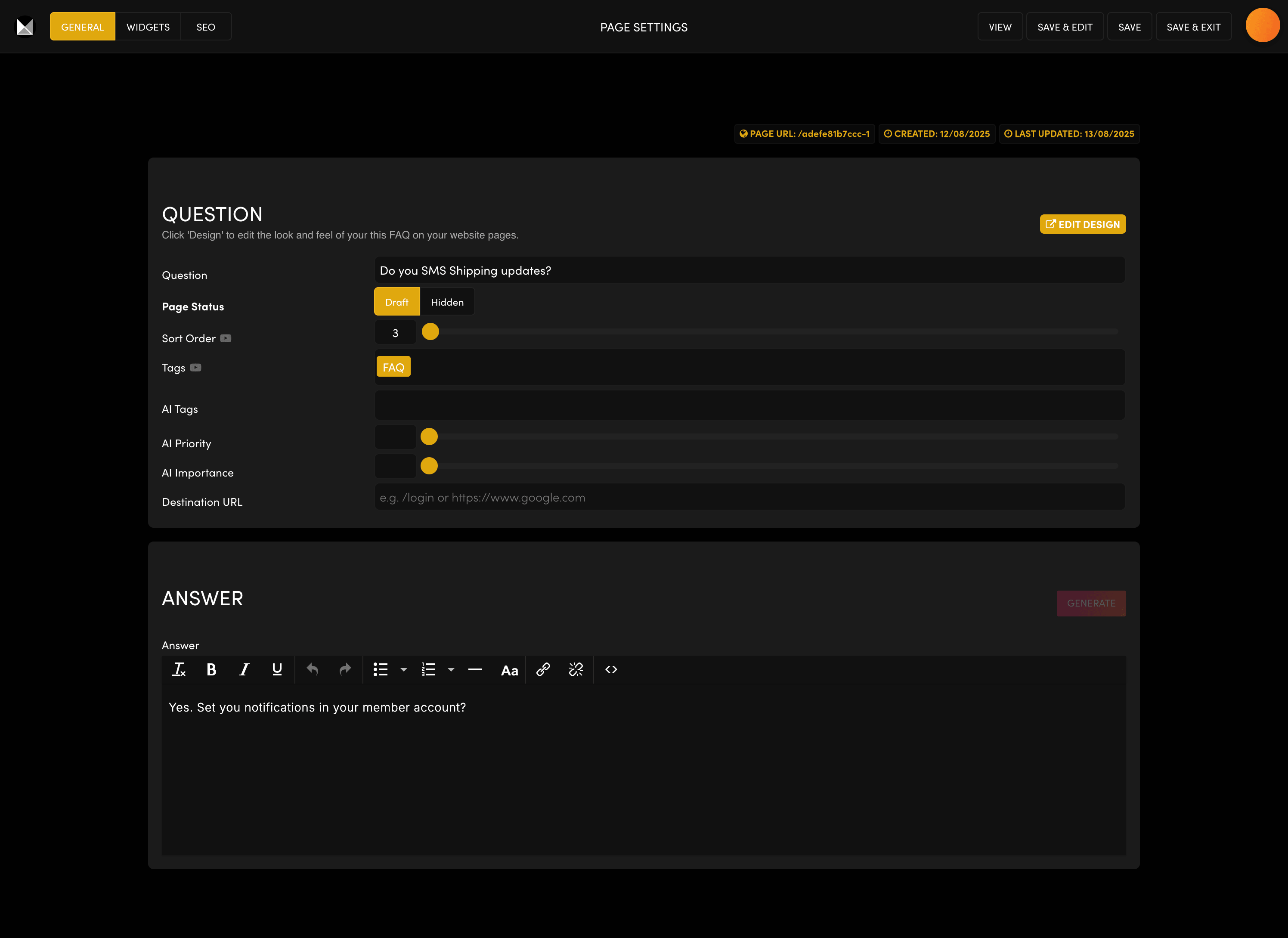 FAQ settings screen